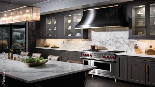 A streamlined culinary haven boasting a focal-point hood and below-cabinet illumination.