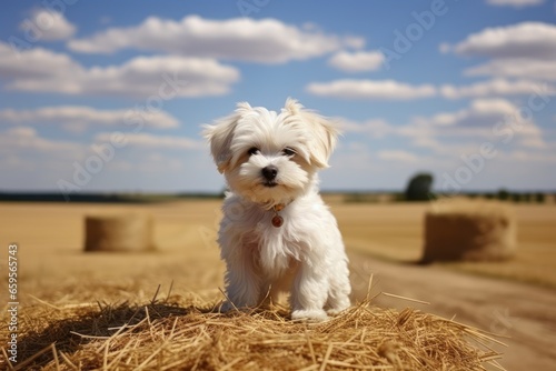 Sweet little maltese pet dog. Amazing landscape, rural scene with clouds, tree and empty road summertime, fields of haystack next to the road