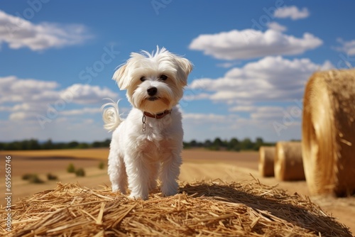 Sweet little maltese pet dog. Amazing landscape, rural scene with clouds, tree and empty road summertime, fields of haystack next to the road photo