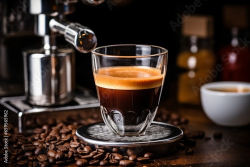 An artfully crafted Ristretto shot in a classic Italian style espresso cup, surrounded by aromatic coffee beans and an old-world espresso machine photo