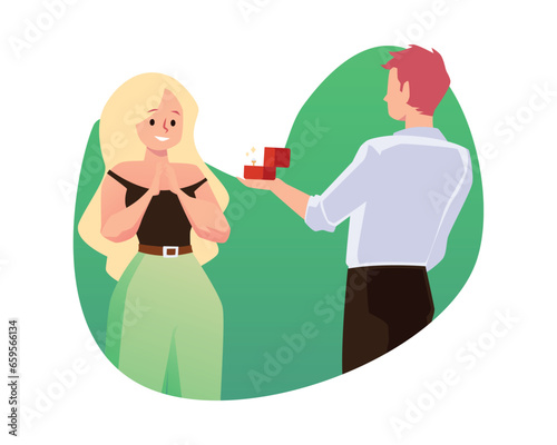 Happy woman getting box with engagement ring flat vector illustration isolated.