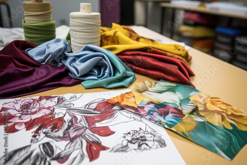 samples of textile fabrics next to drawings of clothes