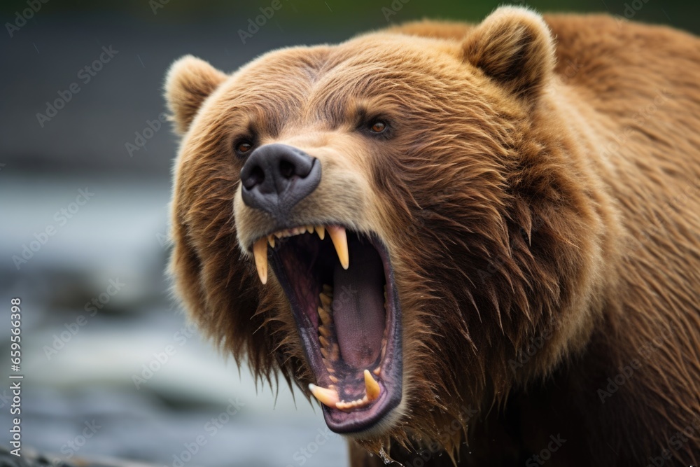 Obraz premium close-up of brown bear roaring with mouth wide open