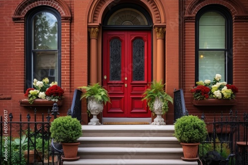 red brick entryway with ornate  wrought iron door
