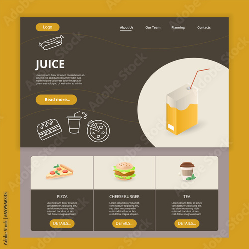 Juice flat landing page website template. Pizza, cheese burger, tea. Web banner with header, content and footer. Vector illustration.