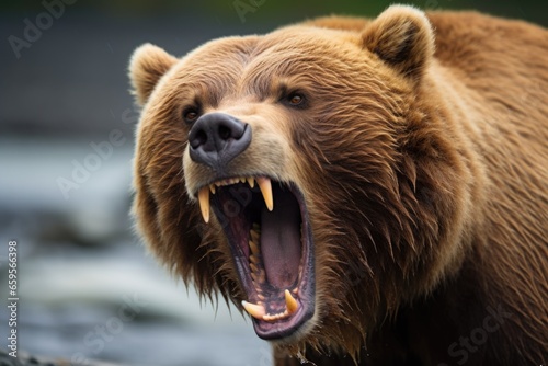 close-up of brown bear roaring with mouth wide open