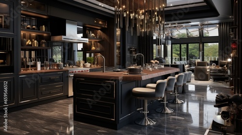 A designer s kitchen with a fusion of dark wood elements and metallic embellishments.