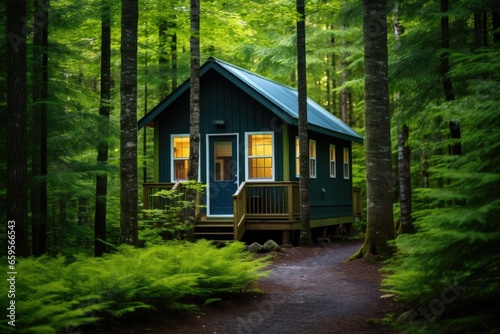 a tiny home nestled in a green forest