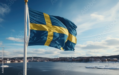 swedish flag in white sky background photo