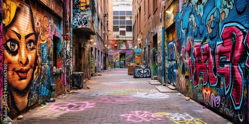 Graffiti-covered alleyway, showcasing various artistic styles and messages , concept of Creative expression