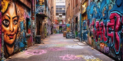 Graffiti-covered alleyway, showcasing various artistic styles and messages , concept of Creative expression © koldunova