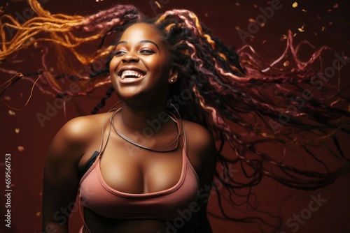 beautiful hapy smiling african woman dancing with flying braids photo