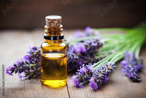 a lavender plant with essential oil in a dropper bottle