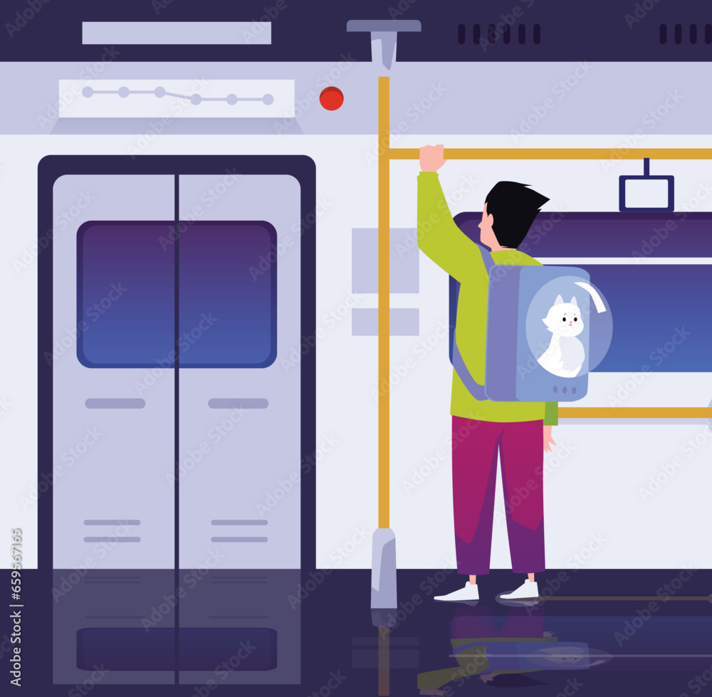 Passengers with cat in carrier backpack inside city bus or subway train, pet city vector concept, animal transportation