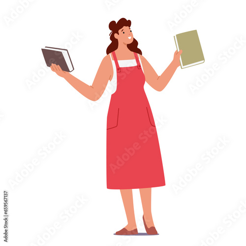 Woman Gracefully Holds Two Books Isolated On White Background, Serene Expression On Her Face, Vector Illustration