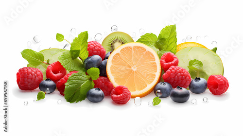 A cheerful culinary design crafted from an assortment of colorful summer fruits, fresh mint leaves, and cool slices of cucumber, isolated over a transparent background, evoking a refreshing summer vib