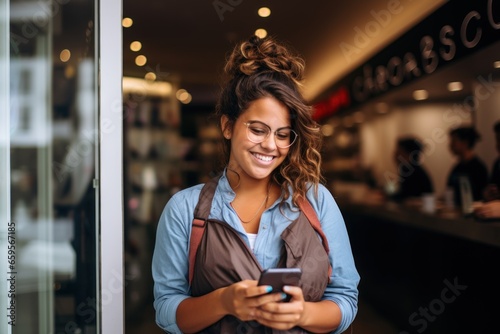 Successful female entrepreneur smiling and using smartphone in caf photo
