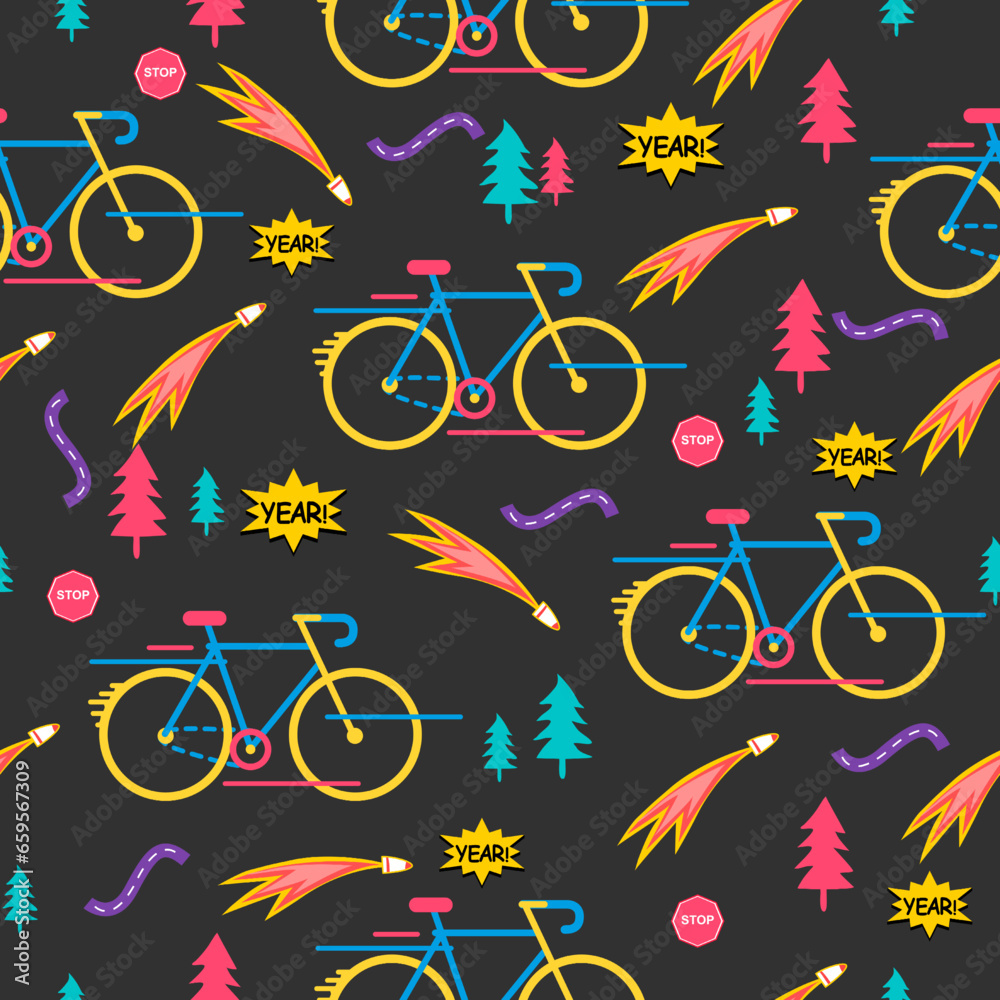 colourful Bicycle with another item.colourful season pattern.Colourful bicycle pattern design for fabric print ,Cover book ,fashion, kids.