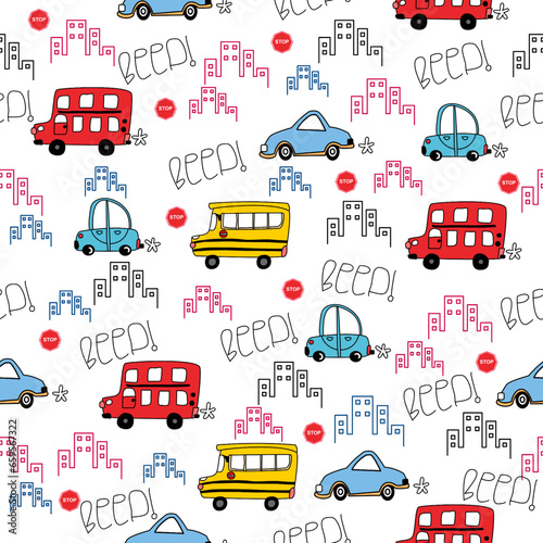 car cartoon pattern design concept. car and city traffic and sign on white background.Design for kid clothing.printing ,fabric pattern