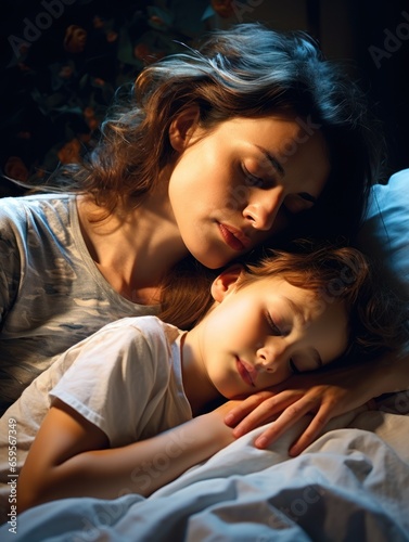 Tender mother touching hair of sleeping son in bedroom