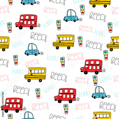 car cartoon pattern design concept. car and city traffic and sign on white background.Design for kid clothing.printing ,fabric pattern