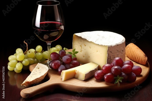 a gourmet cheese platter with red wine