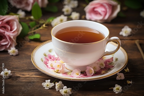 A calming cup of Jasmine Rose Tea served in a delicate porcelain teacup, surrounded by fresh jasmine flowers and rose petals on a rustic wooden table