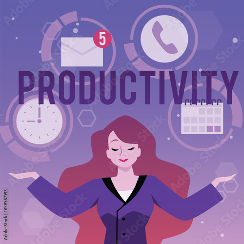 Business woman meditates in the lotus position, calls, messages, reminders and schedule calendar, productivity vector
