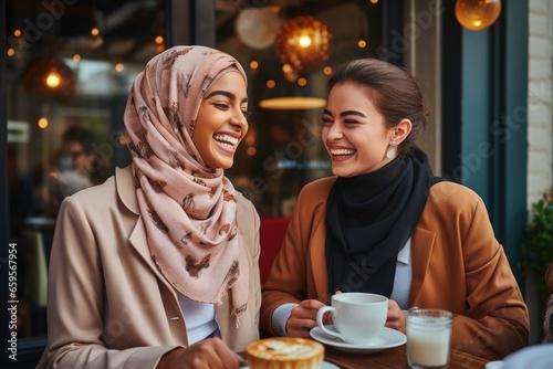young muslim friends laughing over coffee photo