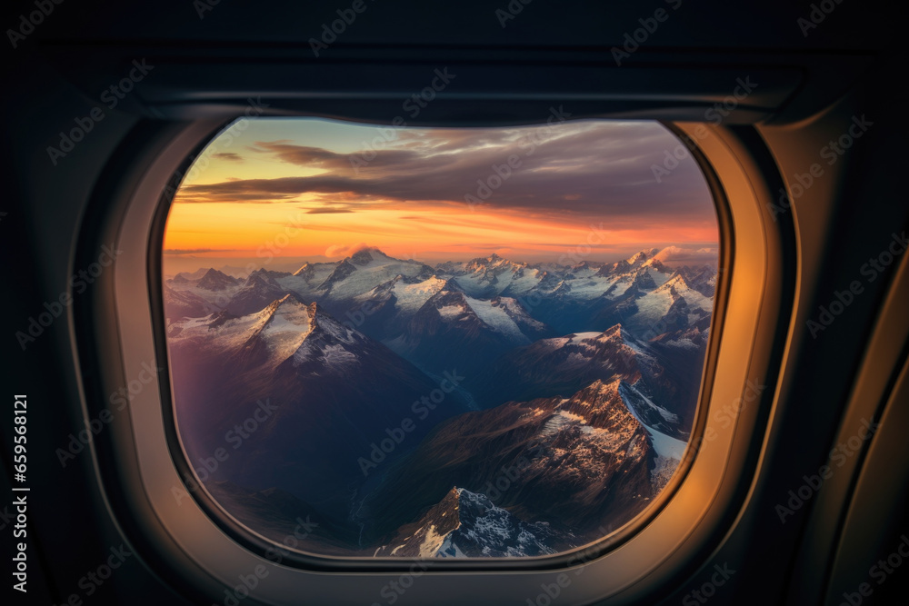 View from the airplane illuminator, mountains covered with snow