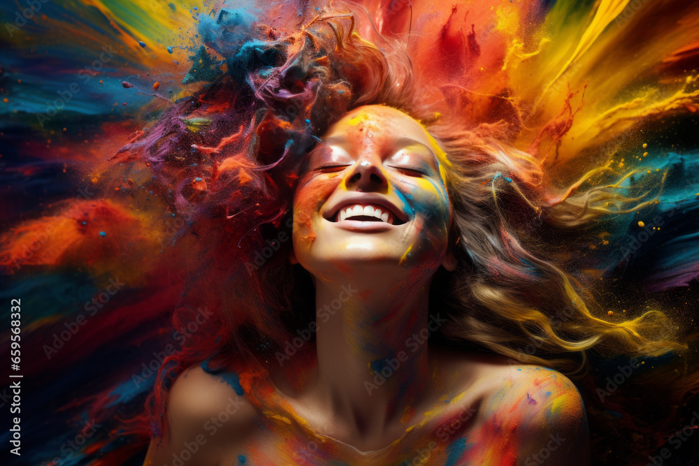 A beautiful young woman in the middle of a color explosion. Concept of youth, beauty, art  and fashion.