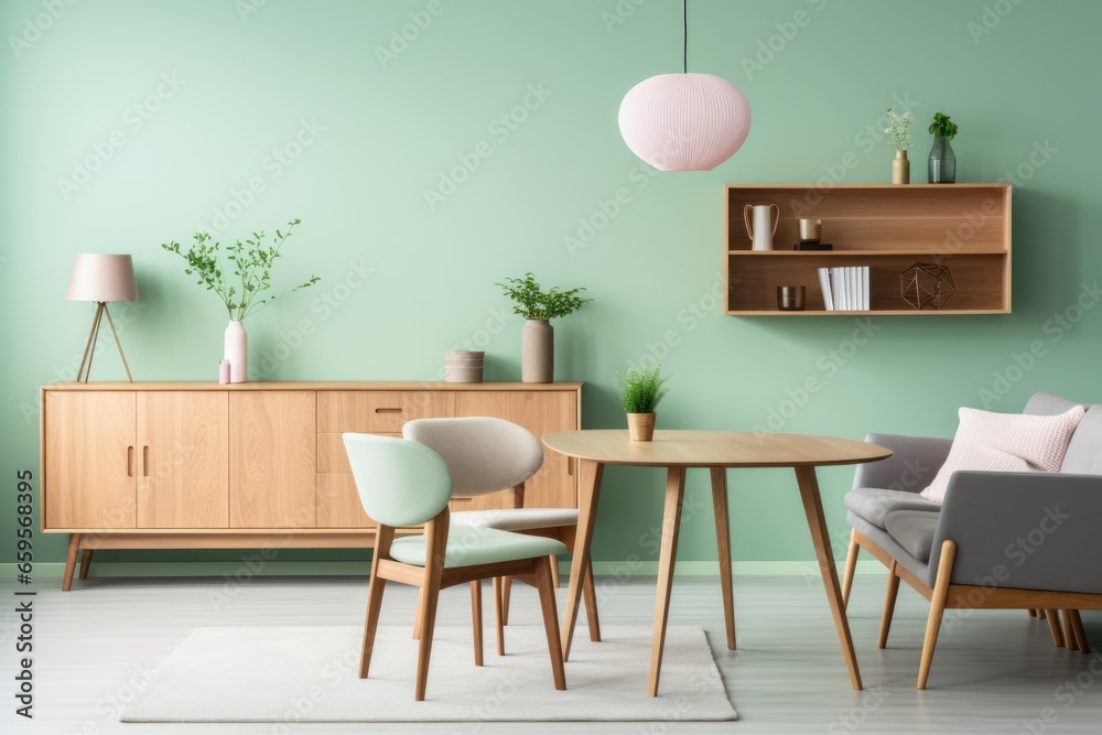 Fototapeta premium Mint color chairs at round wooden dining table in the living room