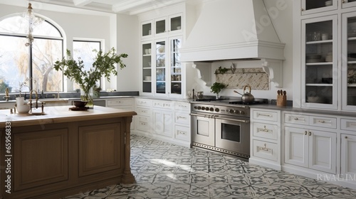 A high-end kitchen with an expansive farmhouse sink and an intricately patterned tile floor.