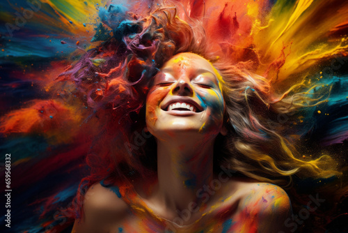 A beautiful young woman in the middle of a color explosion. Concept of youth, beauty, art and fashion.