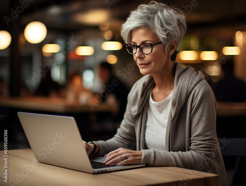 Elderly modern woman with grey hair and glasses working for laptop in coffee shop
