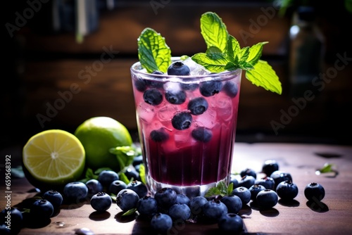 A Chilled Glass of Blueberry Basil Lemonade  Glistening in the Summer Sunlight  Surrounded by Fresh Blueberries and Basil Leaves on a Rustic Wooden Table