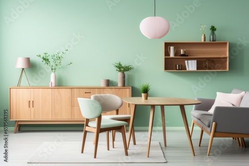 Mint color chairs at round wooden dining table in the living room © leriostereo