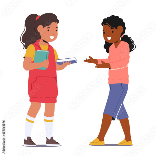 Young Girls Readers Swap Books. Kids Trading Tales, Sharing Adventures. World Of Imagination Unfolds As Books
