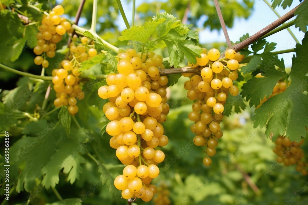 a bush of gooseberries with bright yellow ready-to-harvest fruit