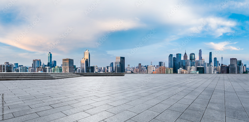 Guangzhou city skyline and modern buildings with empty square floors, Guangdong Province, China. Panoramic view.