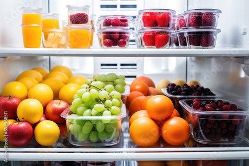 a clean refrigerator filled with organized bins of fruits