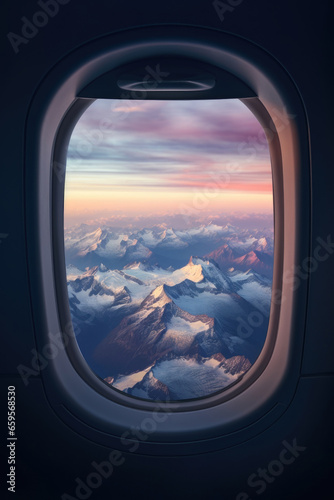 View from the airplane illuminator, mountains covered with snow © stock_acc
