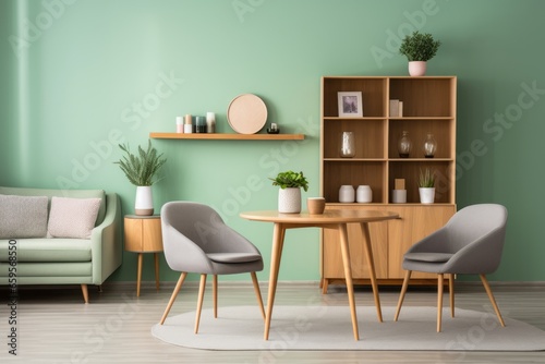 Mint color chairs at round wooden dining table in the living room