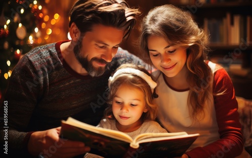Christmas Eve. family father, mother and child reading book at home