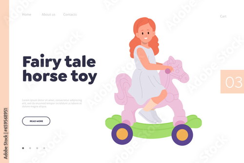 Little girl child cartoon character princess riding fairy tale toy horse landing page template