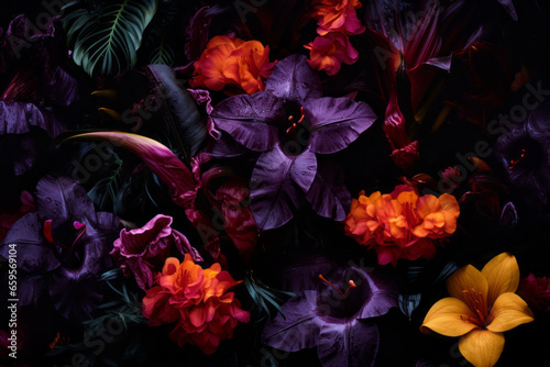 Beautiful floral composition in dark bold colors. The concept of colorful nature, beauty and fashion.