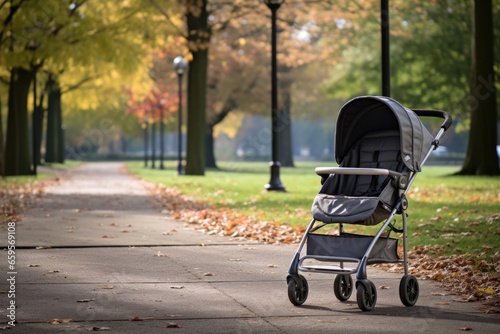 stroller parked next to a bench in a park