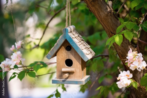 decorative birdhouse hung on a tree branch © altitudevisual