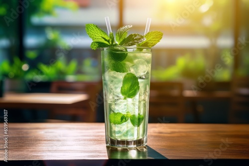 A refreshing glass of Iced Matcha Tea, garnished with mint leaves, sitting on a rustic wooden table in a cozy cafe, bathed in soft morning light