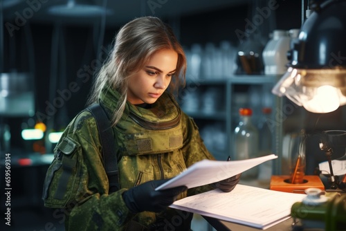 young woman in hazmat suit explaining something in secret document to mature military man looking through description of experiment